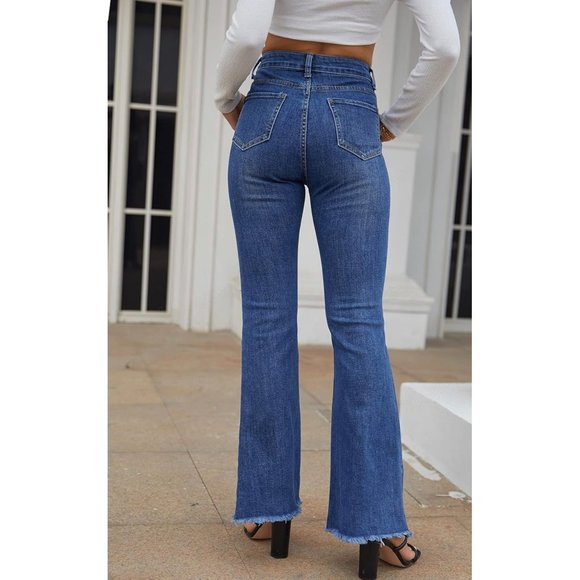 heipeiwa Women's Rhinestone Patchwork Flare Jeans High Rise Bell Bottom Raw Jean - Picture 4 of 9